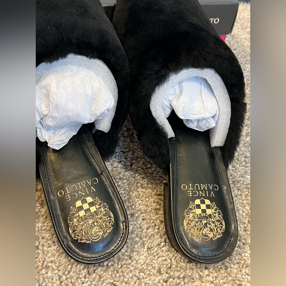 NIB Vince Camuto Samara Black Shearling Faux Fur Pointed Mule Slides Flats 9.5 - Picture 11 of 16